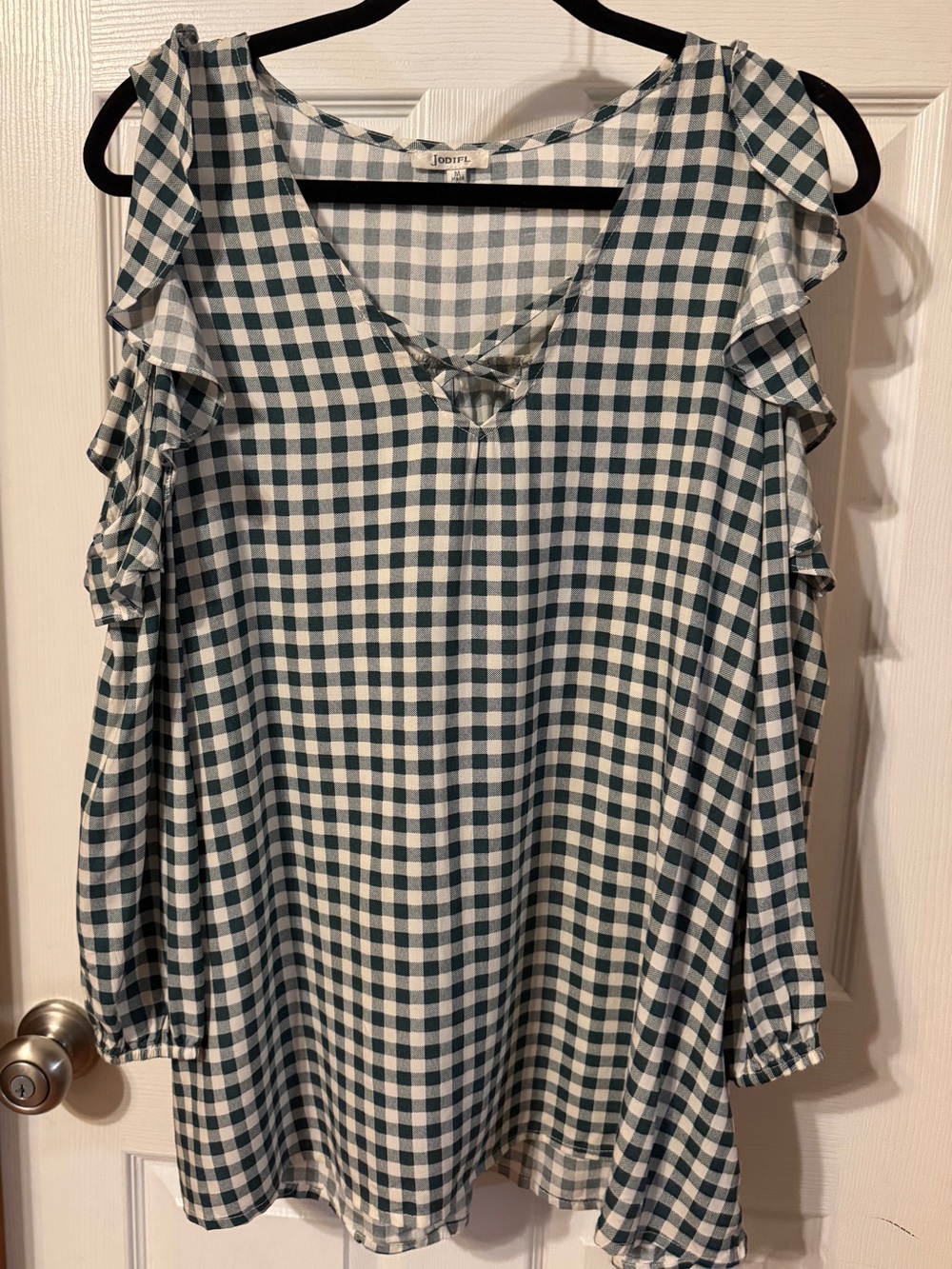 JODIFL Green and White Gingham Ruffle Sleeve Blouse Size M